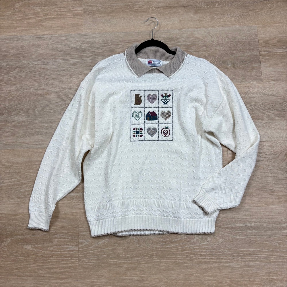 Vintage Cotton Harbor Cream Folk Art Embroidered Polo Sweater Women's Large